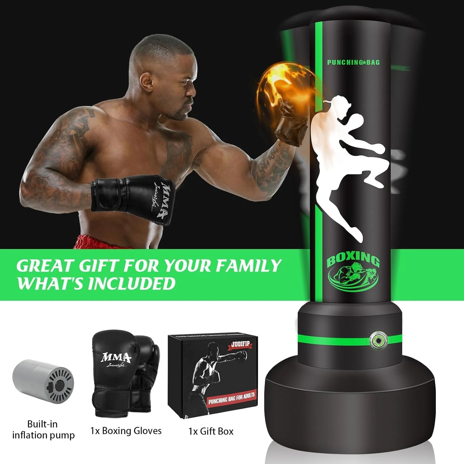 Filled PVC Freestanding Punching Bag with Boxing Gloves, 1.75 Kg, Green