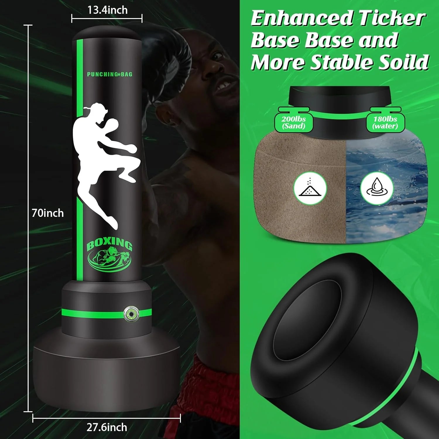 Filled PVC Freestanding Punching Bag with Boxing Gloves, 1.75 Kg, Green