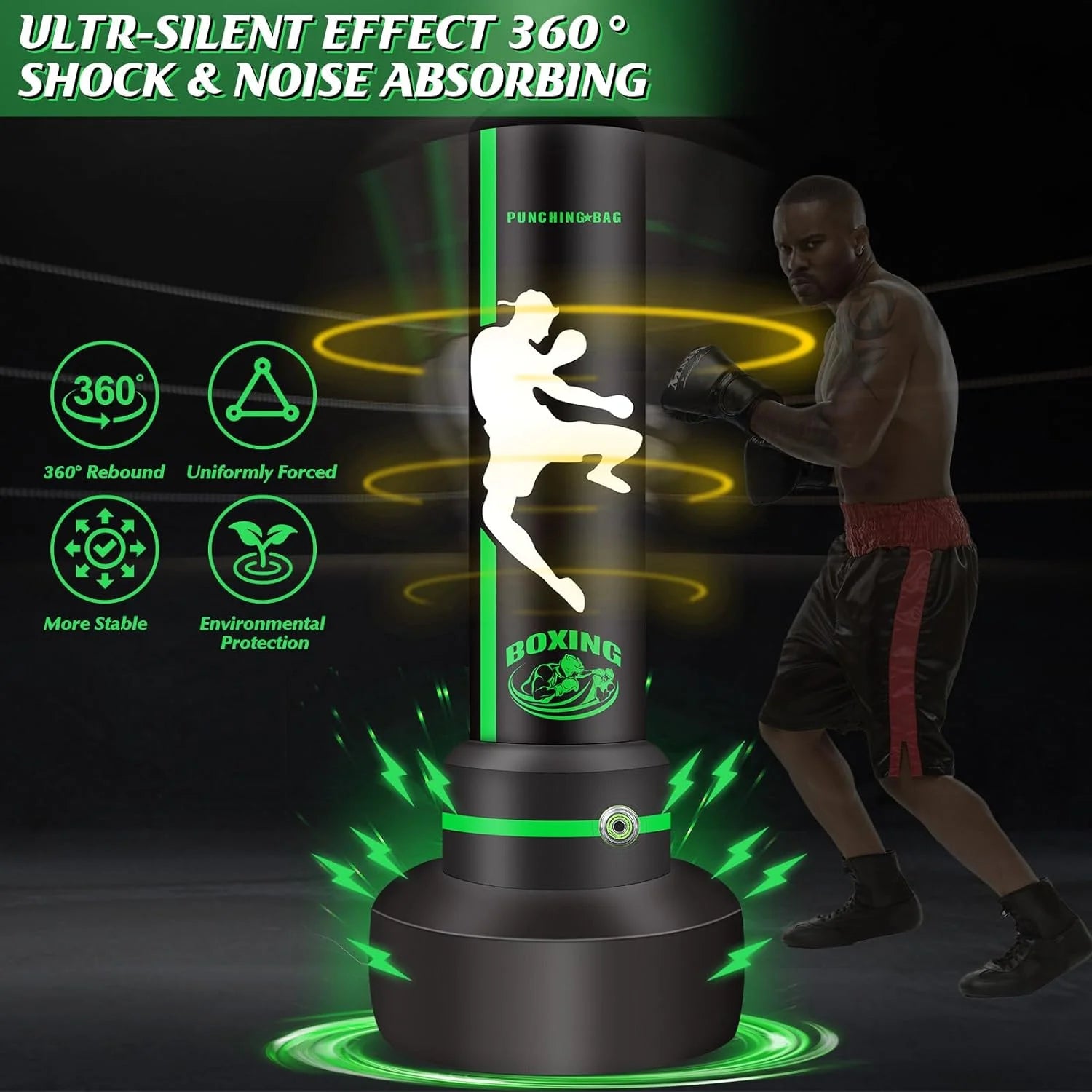 Filled PVC Freestanding Punching Bag with Boxing Gloves, 1.75 Kg, Green