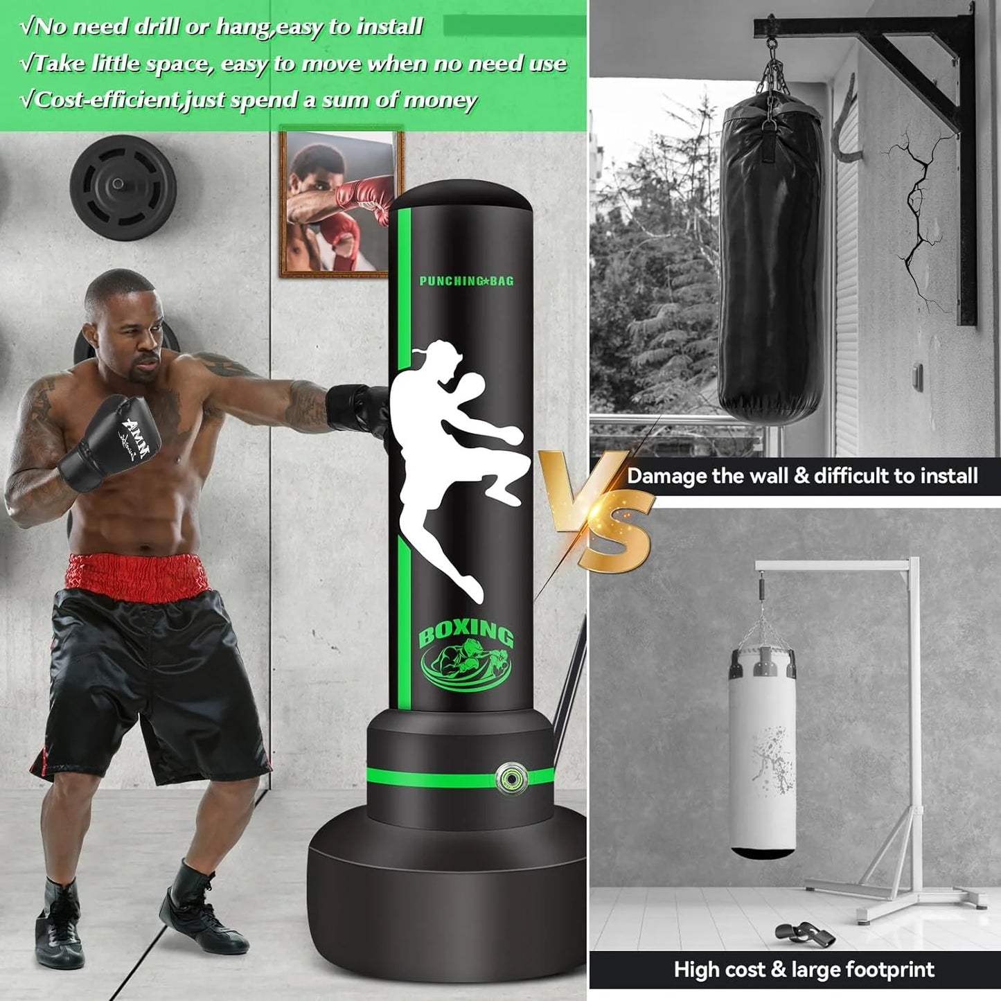 Filled PVC Freestanding Punching Bag with Boxing Gloves, 1.75 Kg, Green
