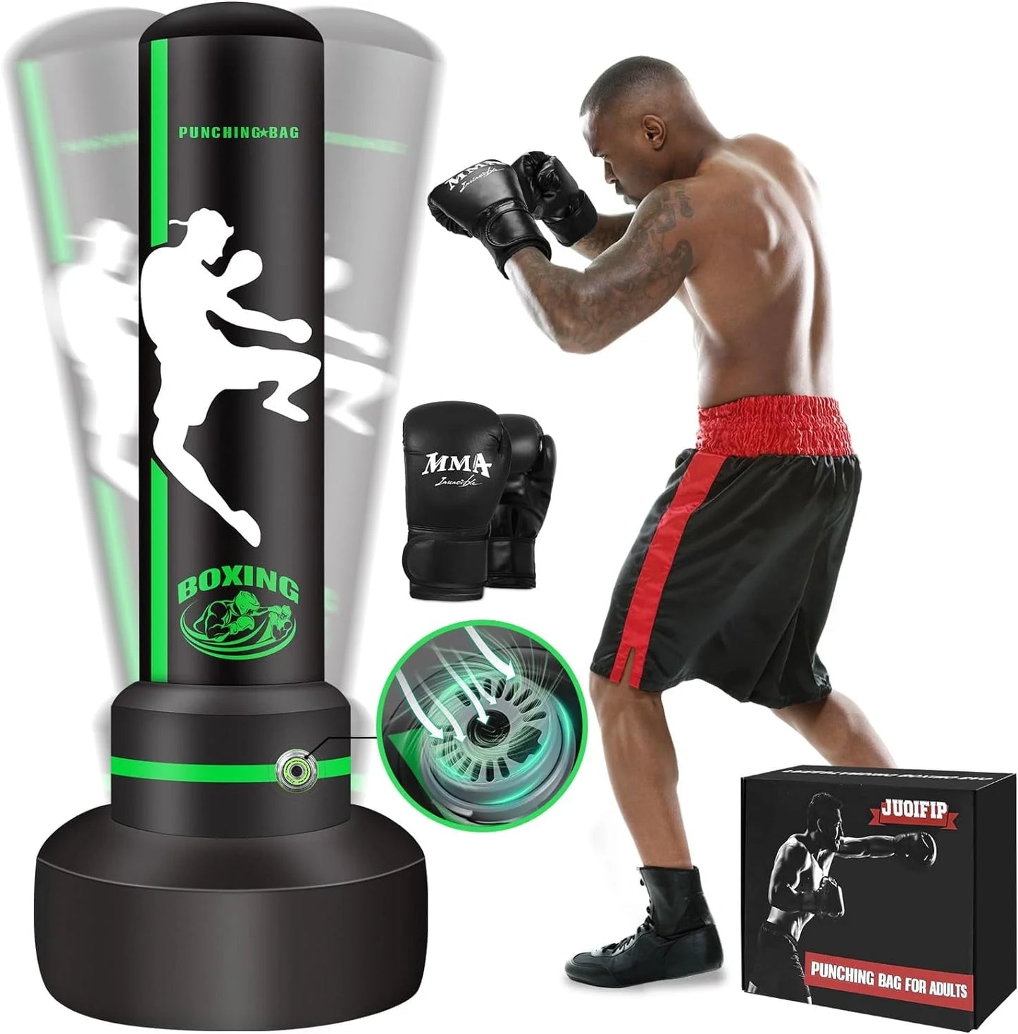 Filled PVC Freestanding Punching Bag with Boxing Gloves, 1.75 Kg, Green
