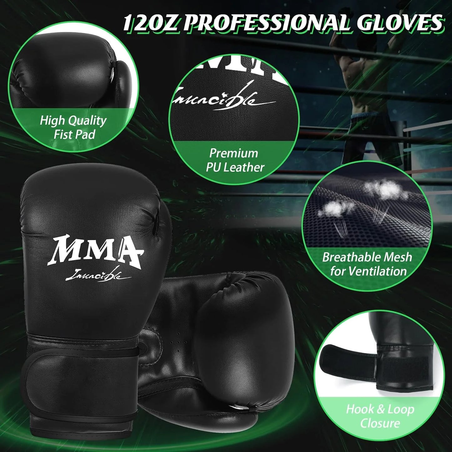 Filled PVC Freestanding Punching Bag with Boxing Gloves, 1.75 Kg, Green
